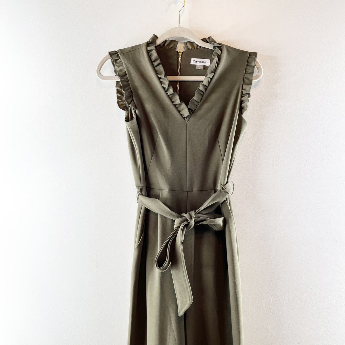 Calvin Klein Ruffle V-Neck Belted Wide Leg Cropped Jumpsuit Olive Green 2