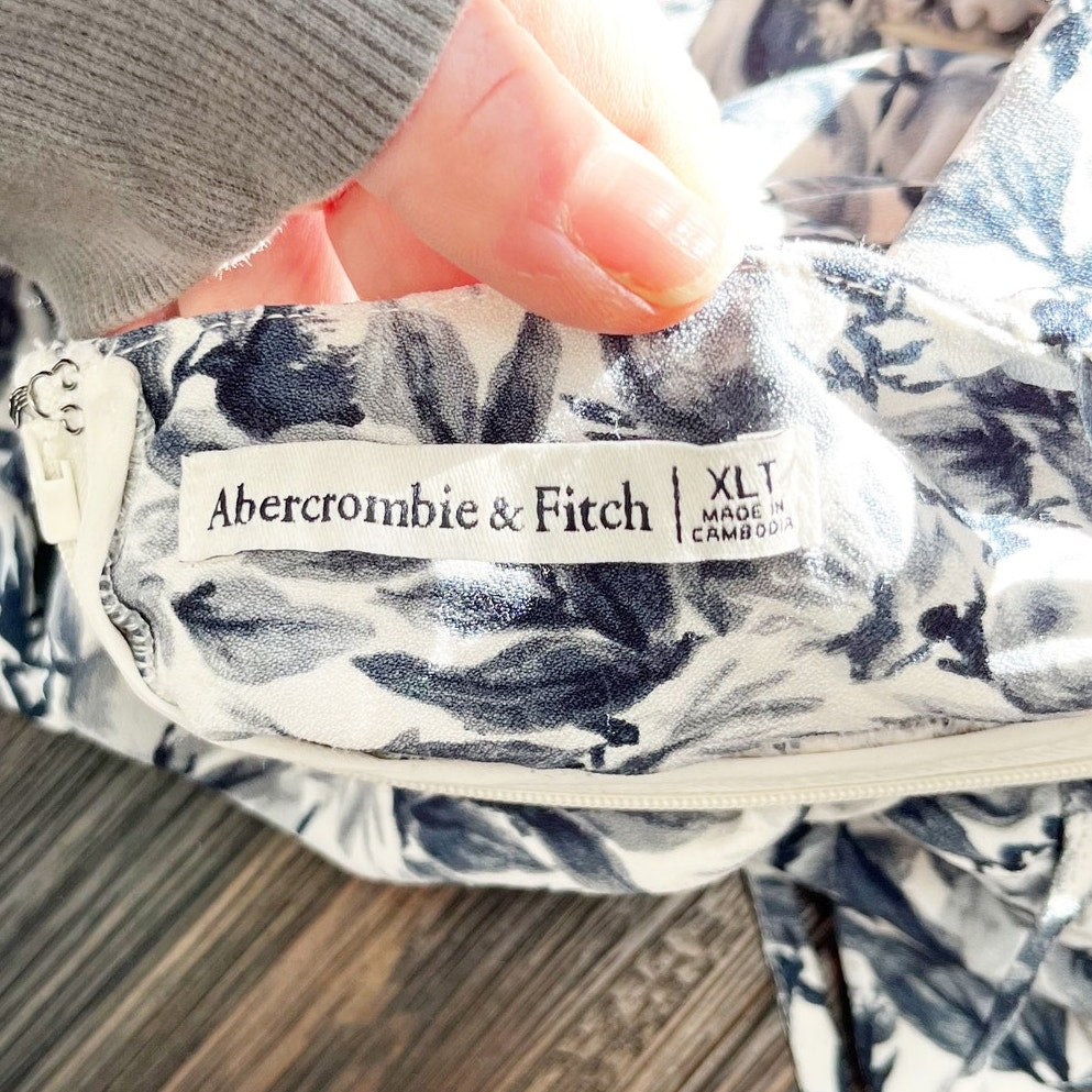 Abercrombie & Fitch Ruched Floral Side Tie Mini Dress White Blue XL Tall