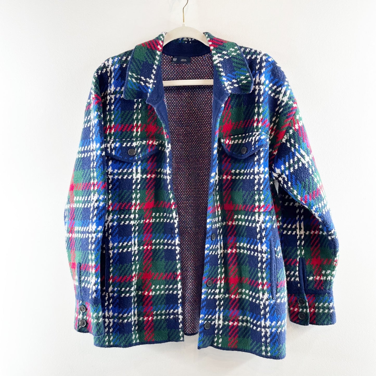 GAP CashSoft Oversized Button Up Shirt Jacket Shacket Navy Blue Plaid Medium