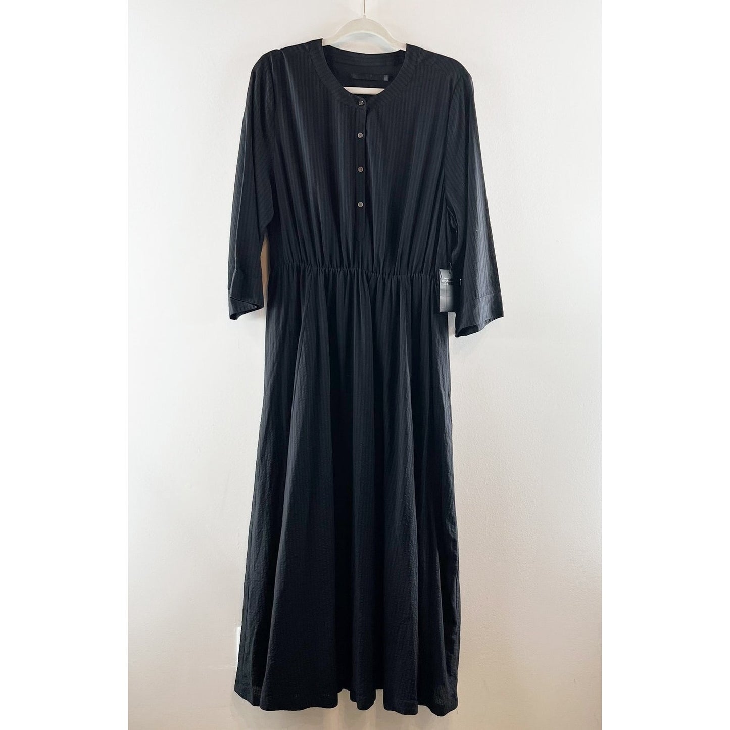 Jenni Kayne Cotton Blend Seersucker Striped 3/4 Sleeve Midi Shirt Dress Black XL