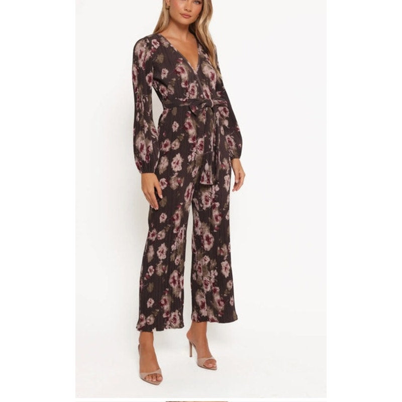 Petal & Pup Solange Floral Long Sleeve Plissé Jumpsuit Steel Gray XL