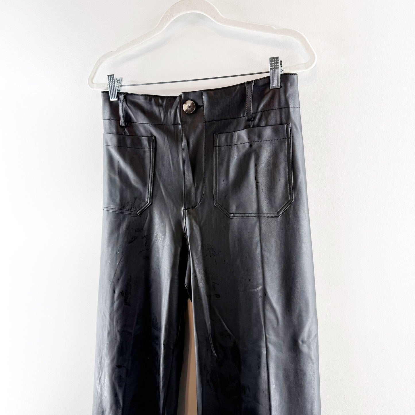 Maeve Anthropologie Colette Cropped Wide-Leg Faux Leather Pants Black 29