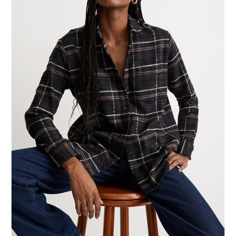 Madewell Long Sleeve Oversized Slub Flannel Sunday Button-Up Shirt Black Coal XL