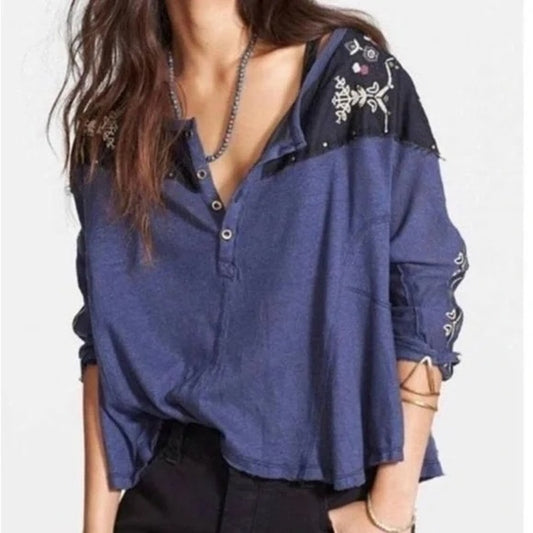 Free People Rio Embroidered Trim 3/4 Sleeve Oversized Henley Crop Top Blue XS