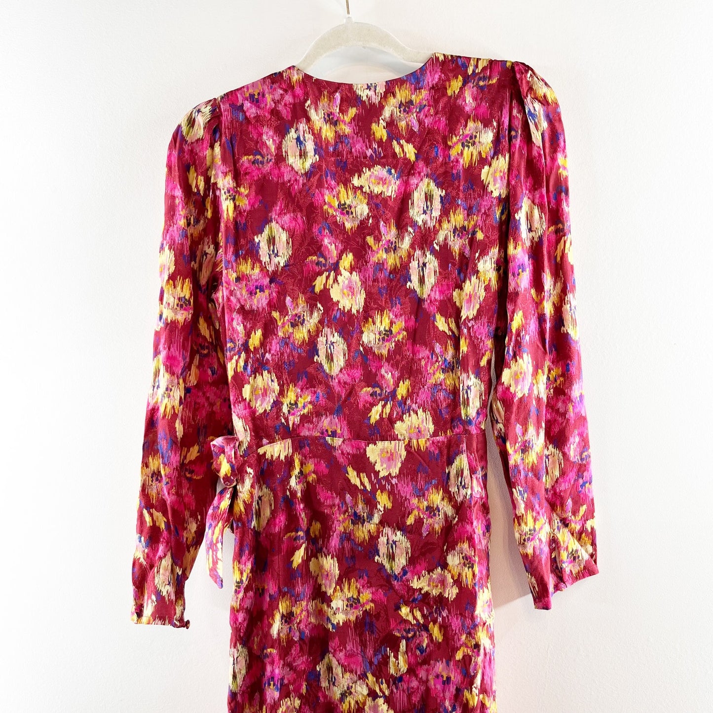 Sezane Long Sleeve V Neck Floral Wrap Midi Dress Pink Red 38 / US 6