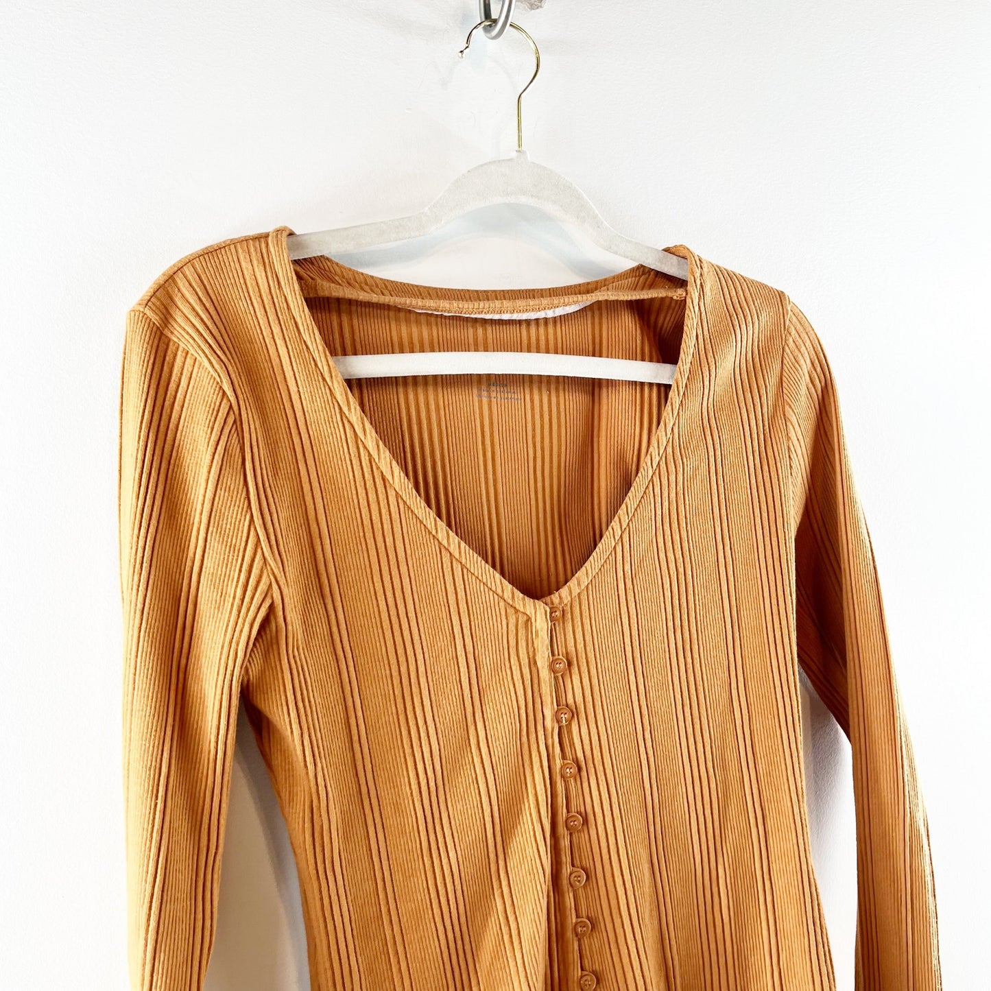 Anthropologie Beatrice Button Up Long Sleeve Ribbed Top Camel Brown Medium