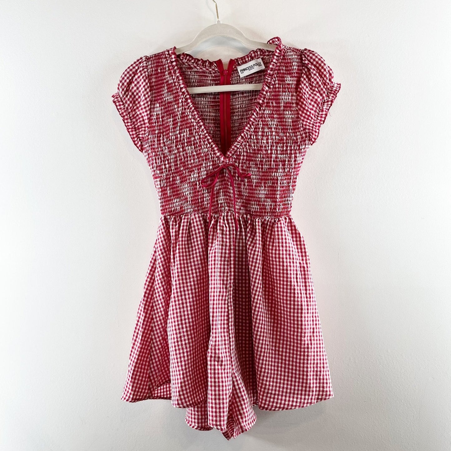Princess Polly Wescott Short Puff Sleeve Gingham Romper Red White 6