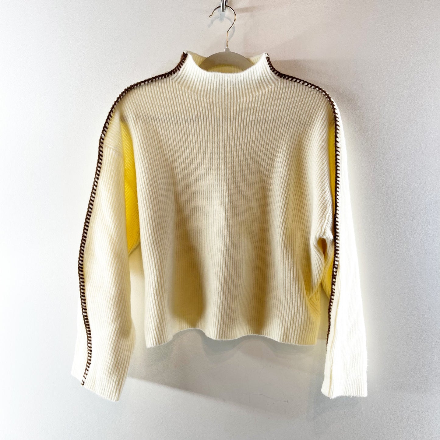 Anthropologie Long Sleeve Mock-Neck Whipstitch Pullover Sweater Cream XS