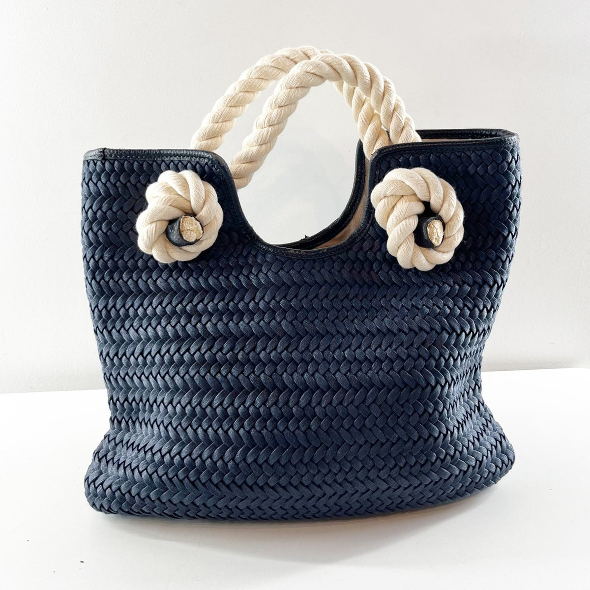 Talbots Nautical Woven Rope Handle Tote Bag Purse Navy Blue