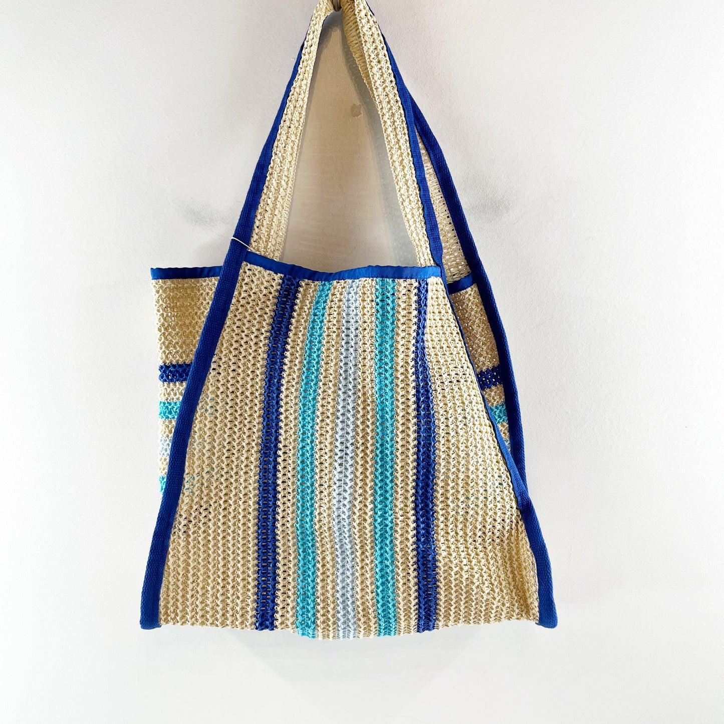 Styline Crochet Striped Beach Tote Bag Tan Blue