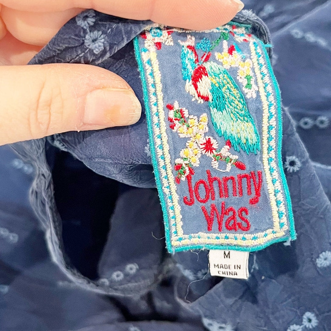 Johnny Was V Neck Embroidered Blouse Shirt Top Blue Medium
