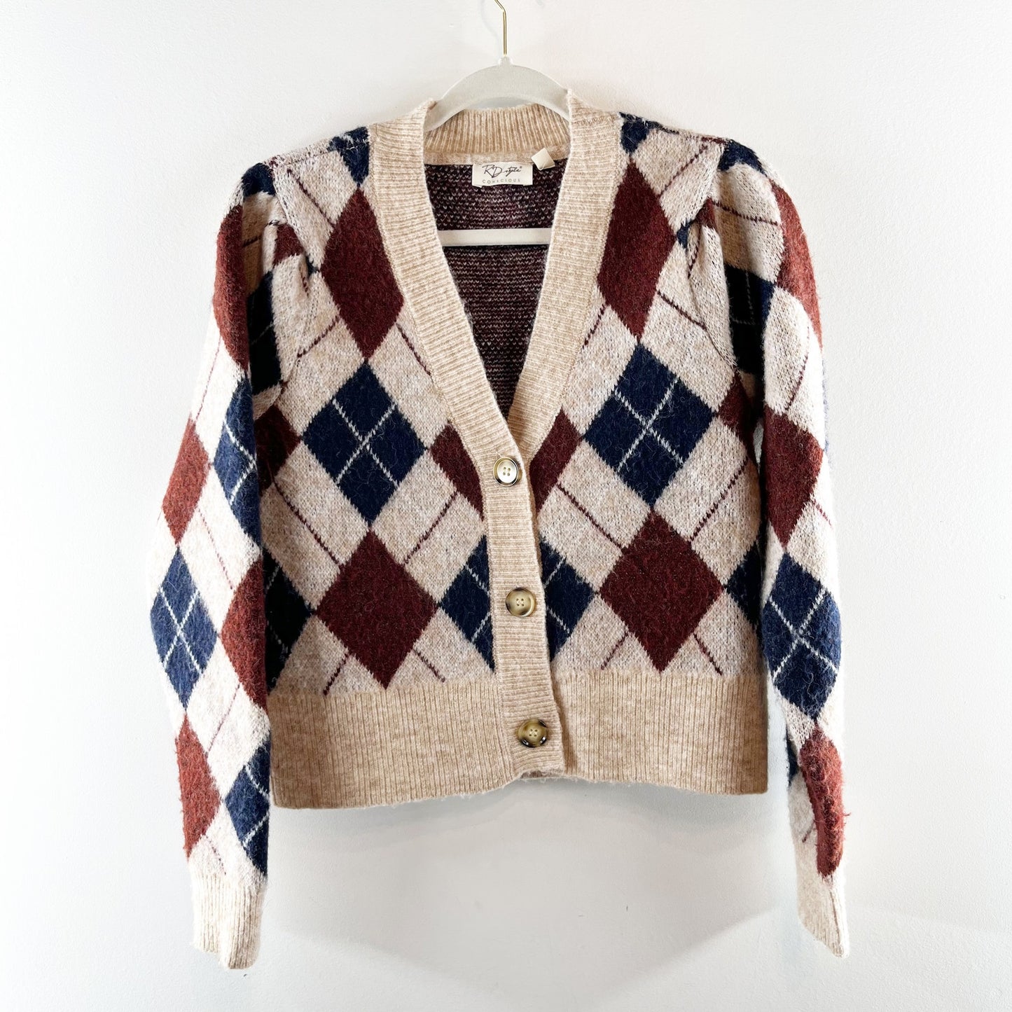 RD Style Evereve V Neck Argyle Cardigan Sweater Tan Beige XS
