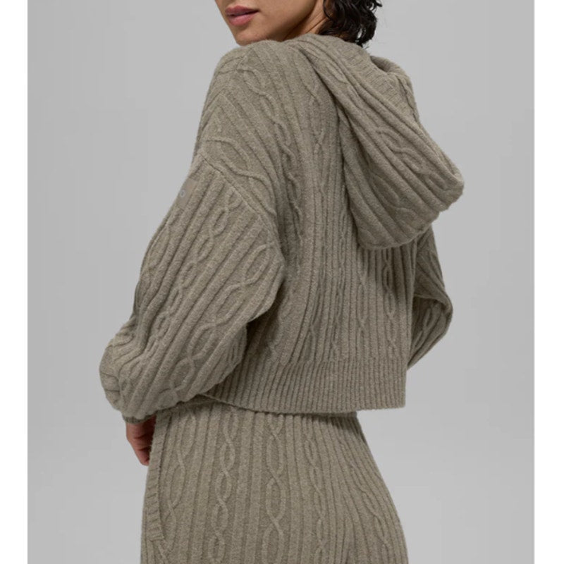 Alo Cable Knit Winter Bliss Hoodie Pullover Sweater Light Cocoa Tan Beige XS