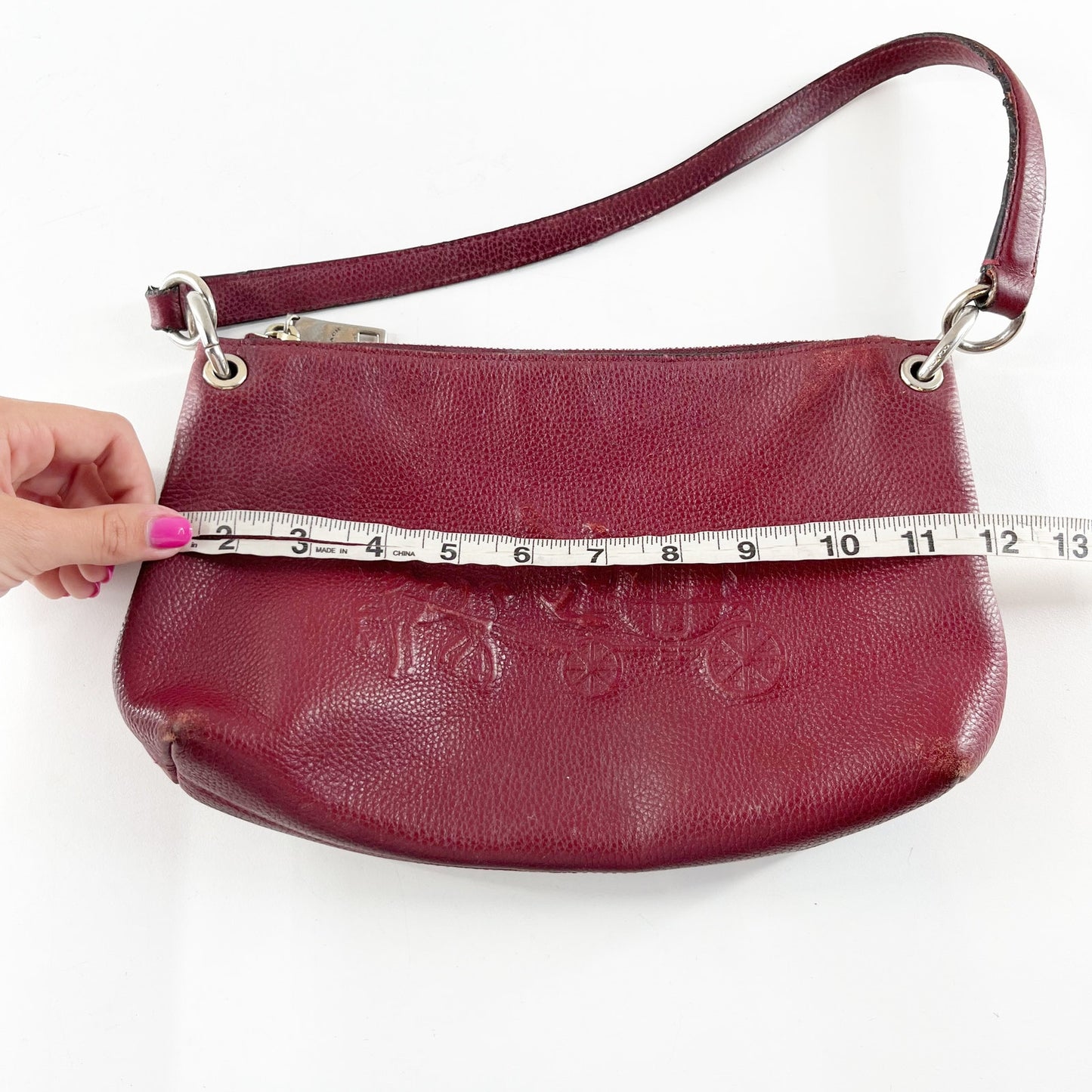 Coach Pebbled Leather Horse & Carriage Shoulder Bag Purse Maroon Red