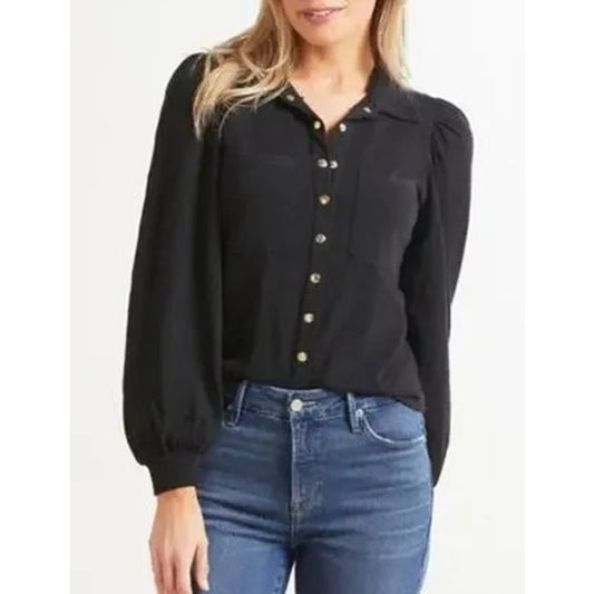 Nation LTD Desta Femme Bishop Sleeve Collared Snap Button Shirt Black Medium