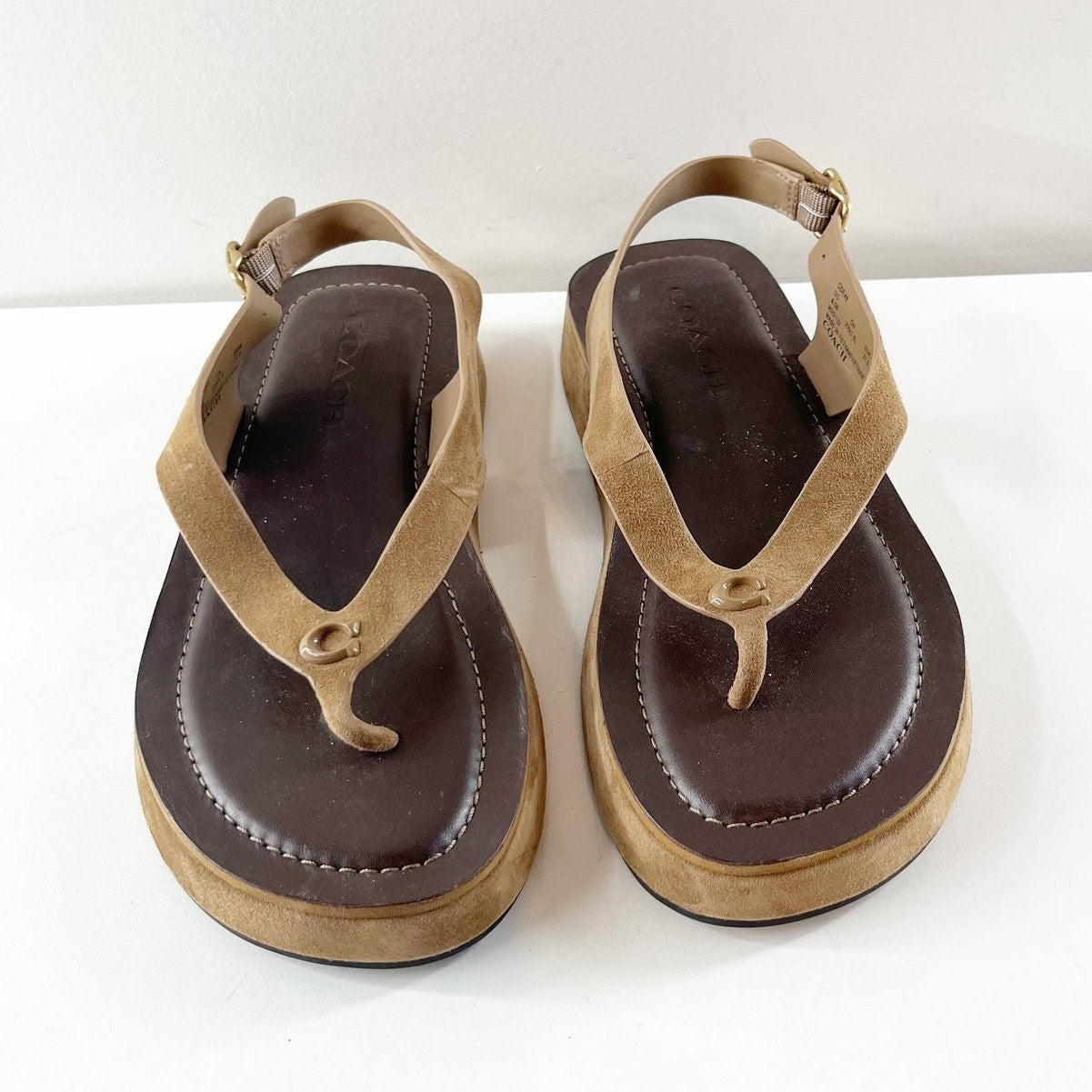 Coach Sculpted C Platform Suede Thong Sandals Coconut Tan Brown 6.5