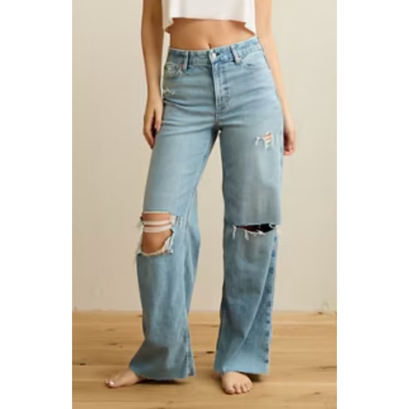 American Eagle High Rise Curvy Straight Leg Distressed Jeans Blue 6 Long