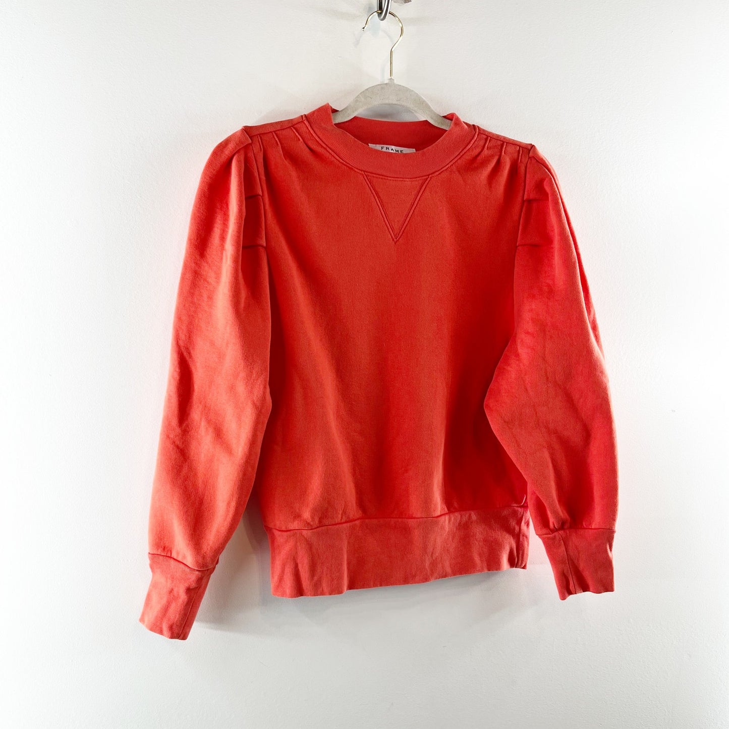 Frame Cotton Blend Shirred Puff Sleeve Crew Neck Pullover Sweatshirt Orange M