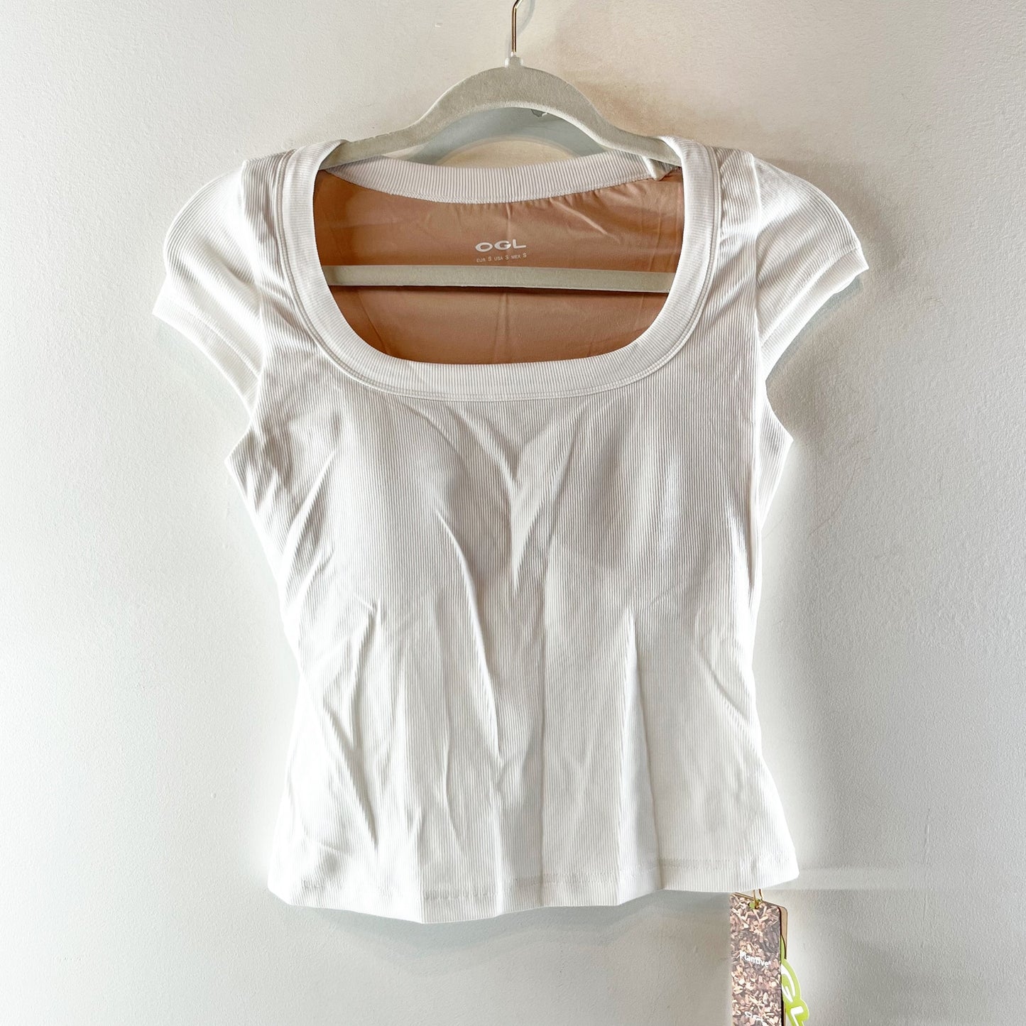OGL Stretch Cotton Square Neck Cap Sleeve T-Shirt Top with Built-in Bra White S