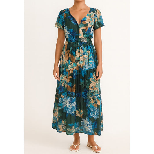 Nicole Miller Short Sleeve Satin Watercolor Floral Maxi Dress Blue Green Large