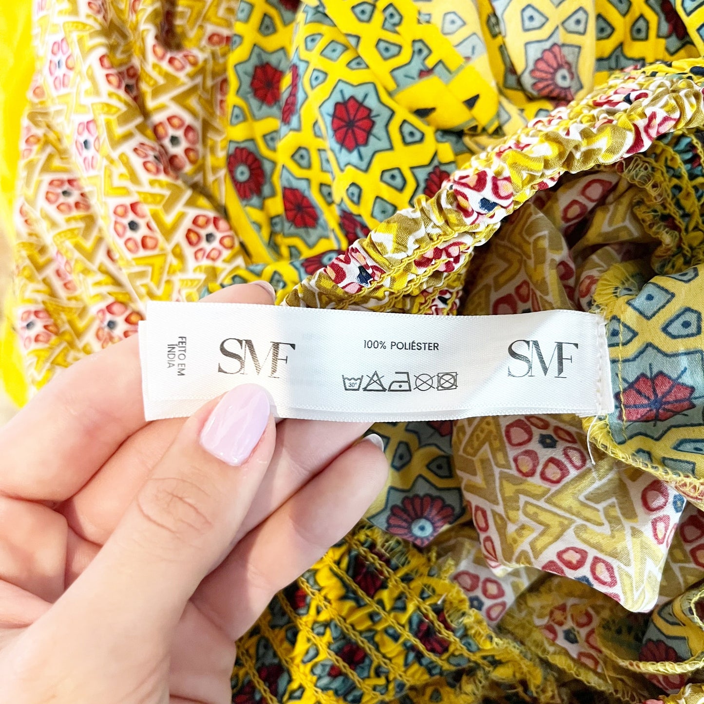SMF Floral Print Smocked High Rise Tie Waist Wide Leg Pants Yellow Green Medium
