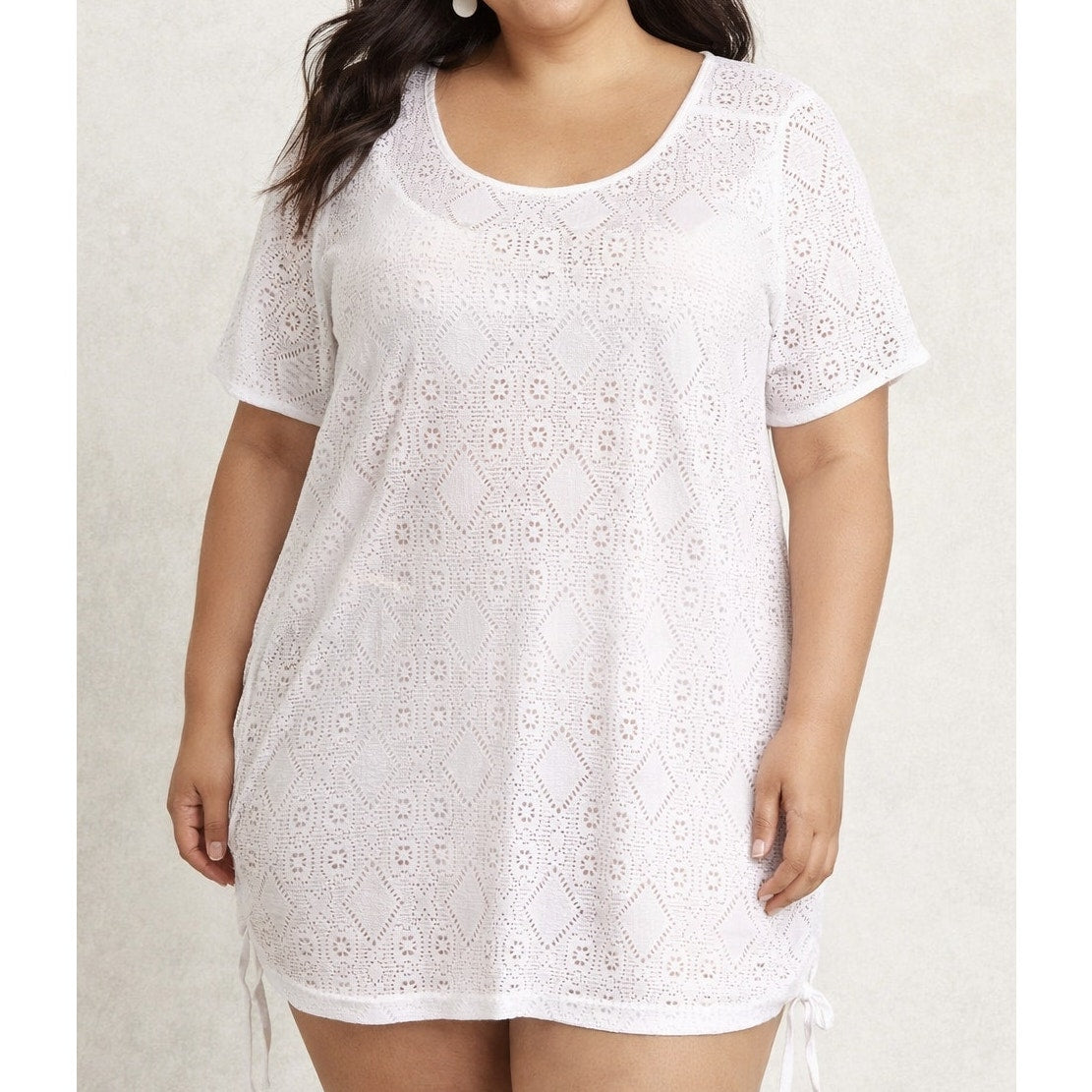 Denim & Co. Beach Knit Open-Work Short Sleeve Cover-Up Dress White US 1X