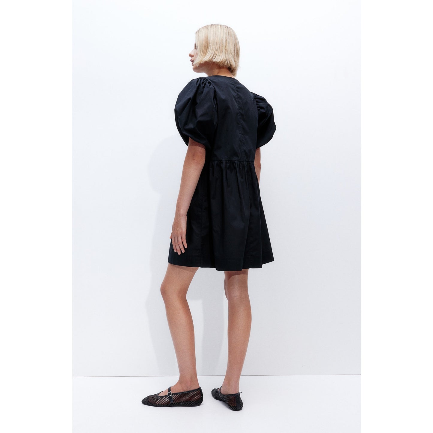 H&M Tie-Front Puff-Sleeved Mini Babydoll Poplin Dress Black XS