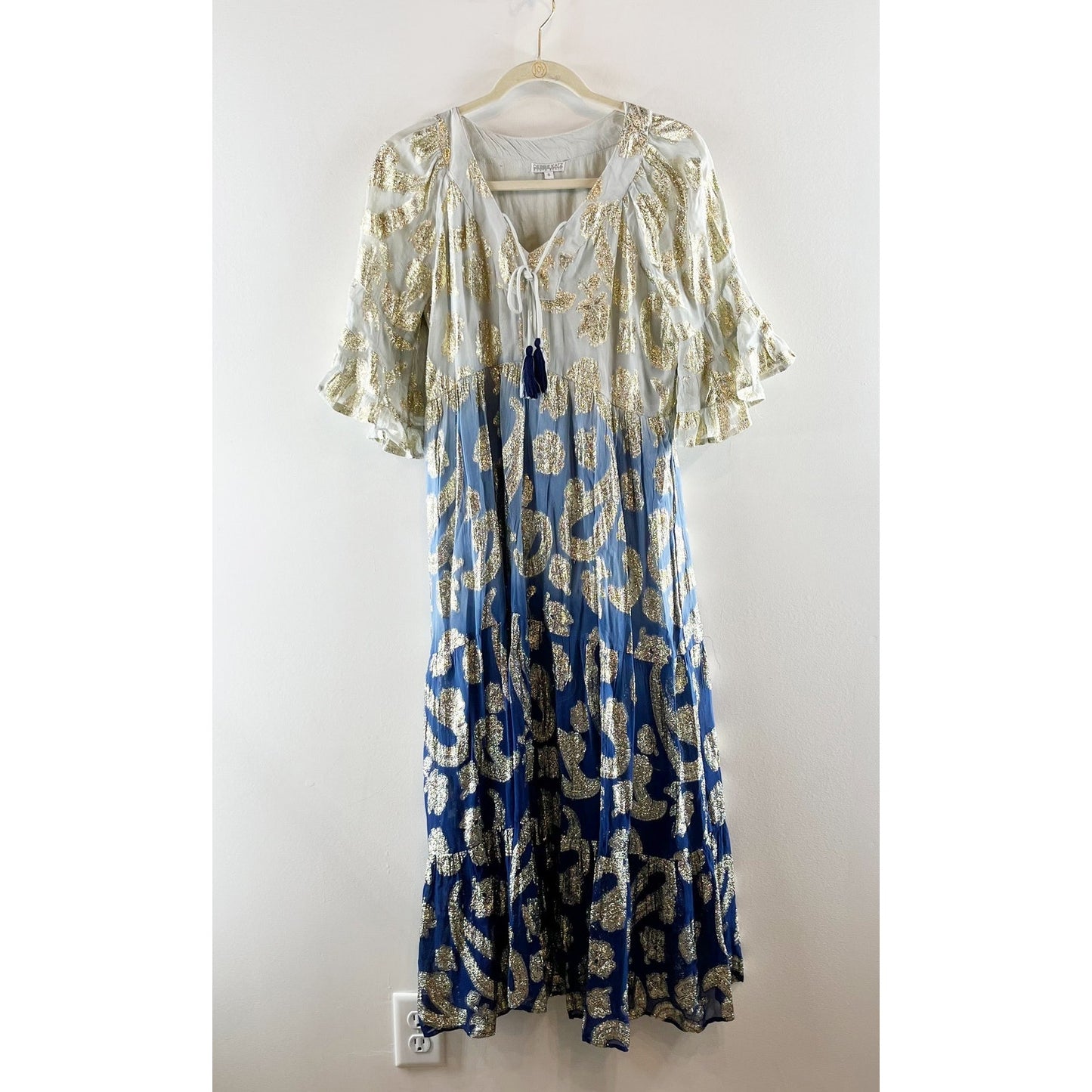 Debbie Katz South Beach Daniella Metallic Paisley Maxi Dress Blue Gold Small