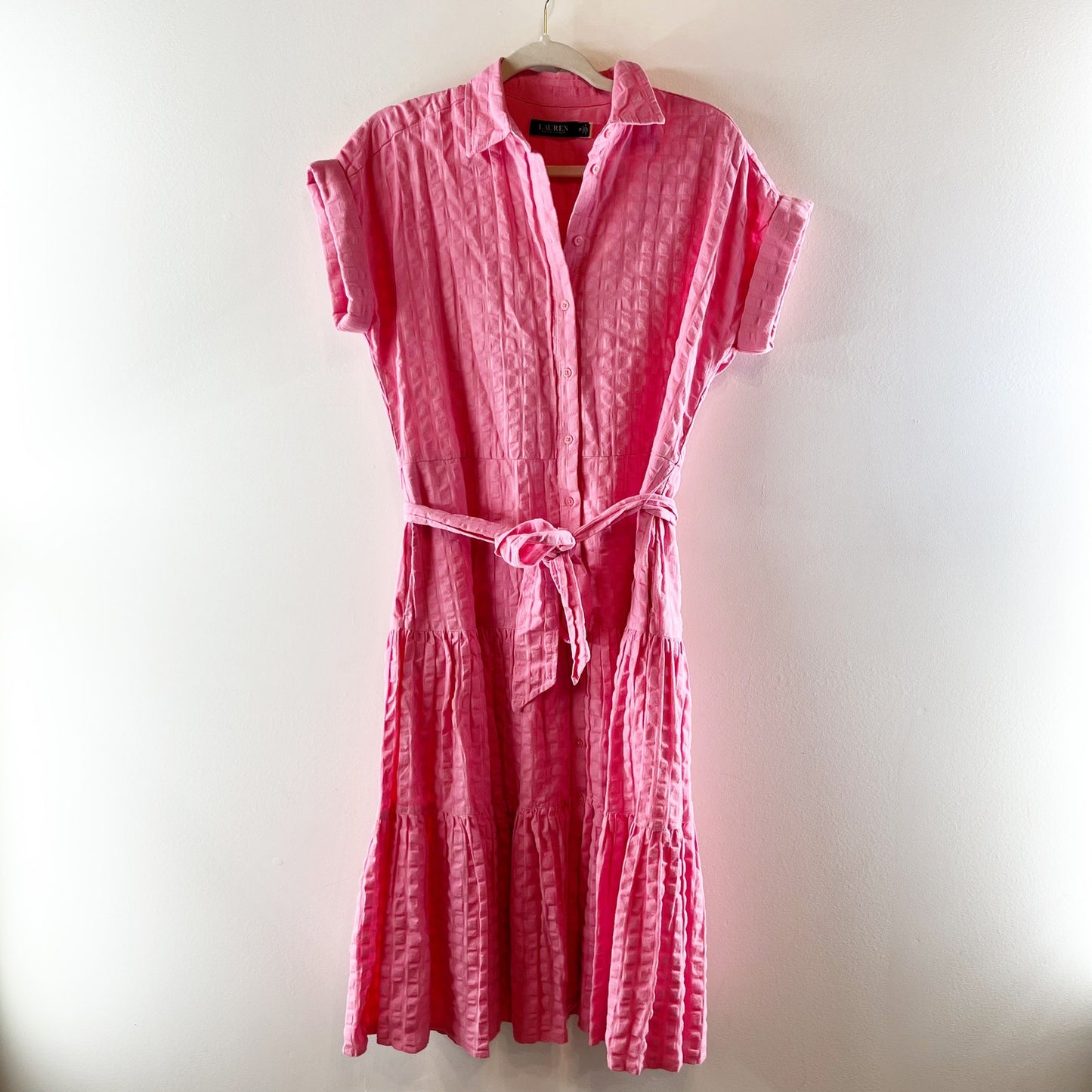 Ralph Lauren Vilma Short Cuffed Sleeve Button Up Textured Midi Shirt Dress Pink