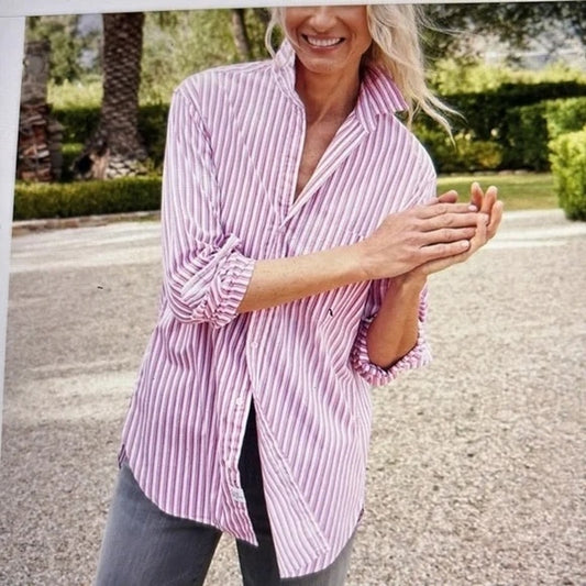 Frank & Eileen Joedy Long Sleeve Button Down Striped Cotton Shirt Pink XS