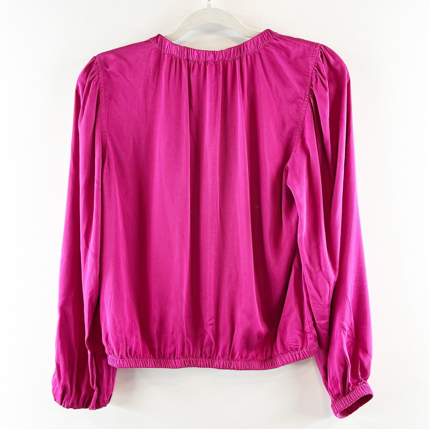 Cloth & Stone Lux Satin Balloon Sleeve Round Neck Banded Blouse Top Pink Small