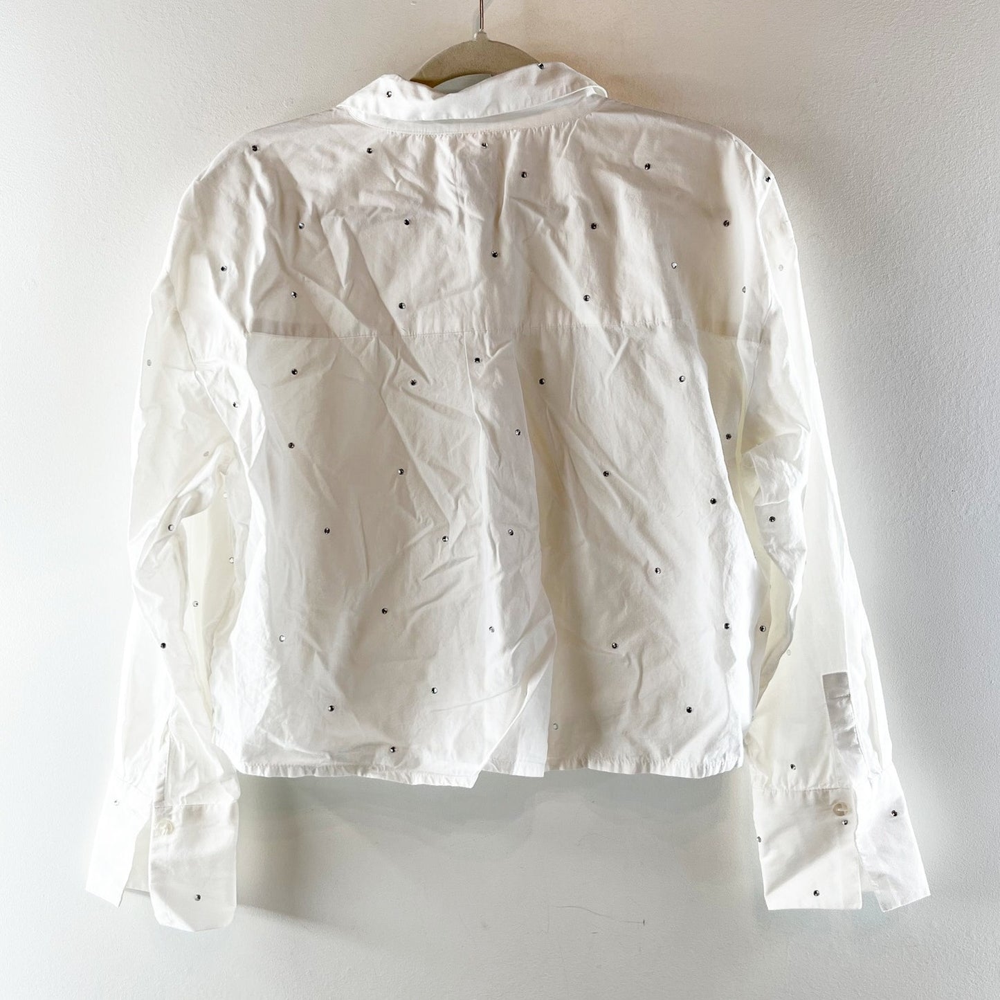 Maeve Anthropologie Patch Pocket Rhinestone Studded Crop Buttondown Shirt White