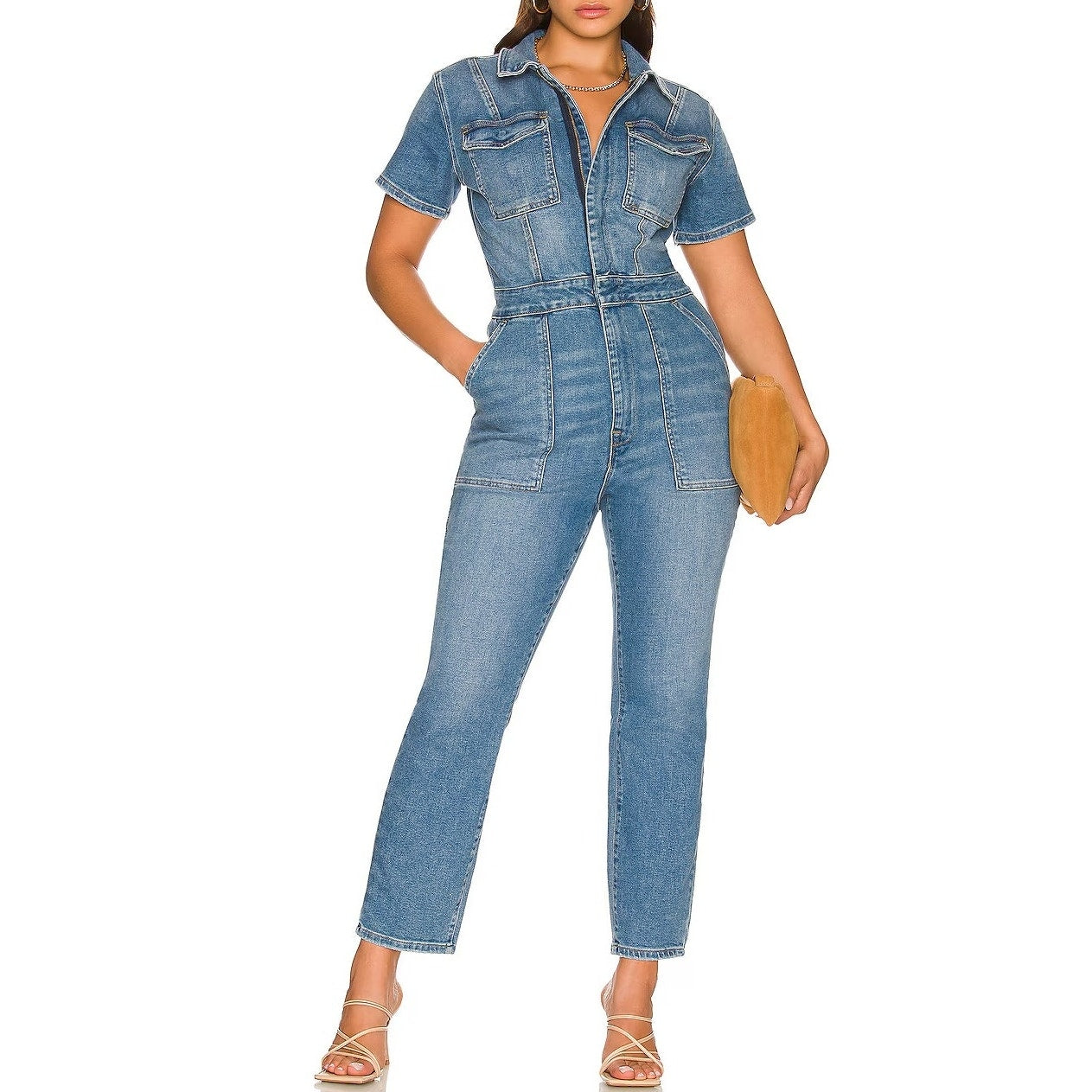 Good American Fit For Success Short Sleeve Denim Jumpsuit Blue 3 / Large
