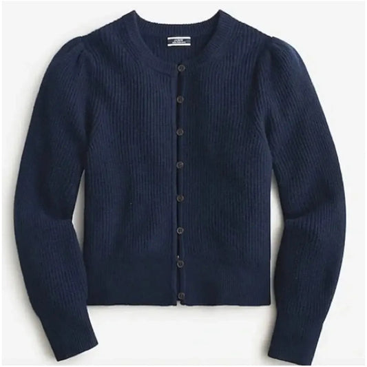 J. Crew Puff Sleeve Cashmere Cardigan Sweater Navy Blue 2X