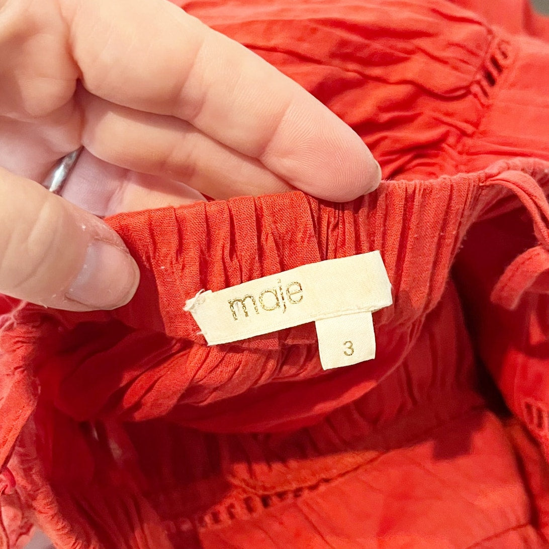 Maje V Neck Mini Babydoll Dress Terracotta Red Large