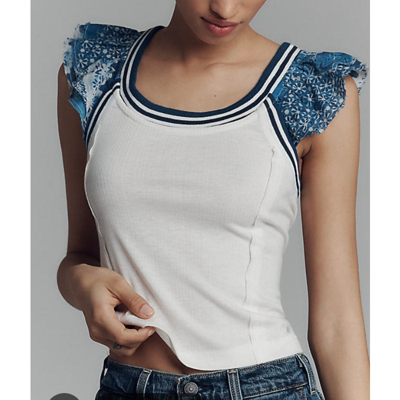 Pilcro Anthropologie Ruffle Cap Short Sleeve Scoopneck Tee Shirt White Blue M