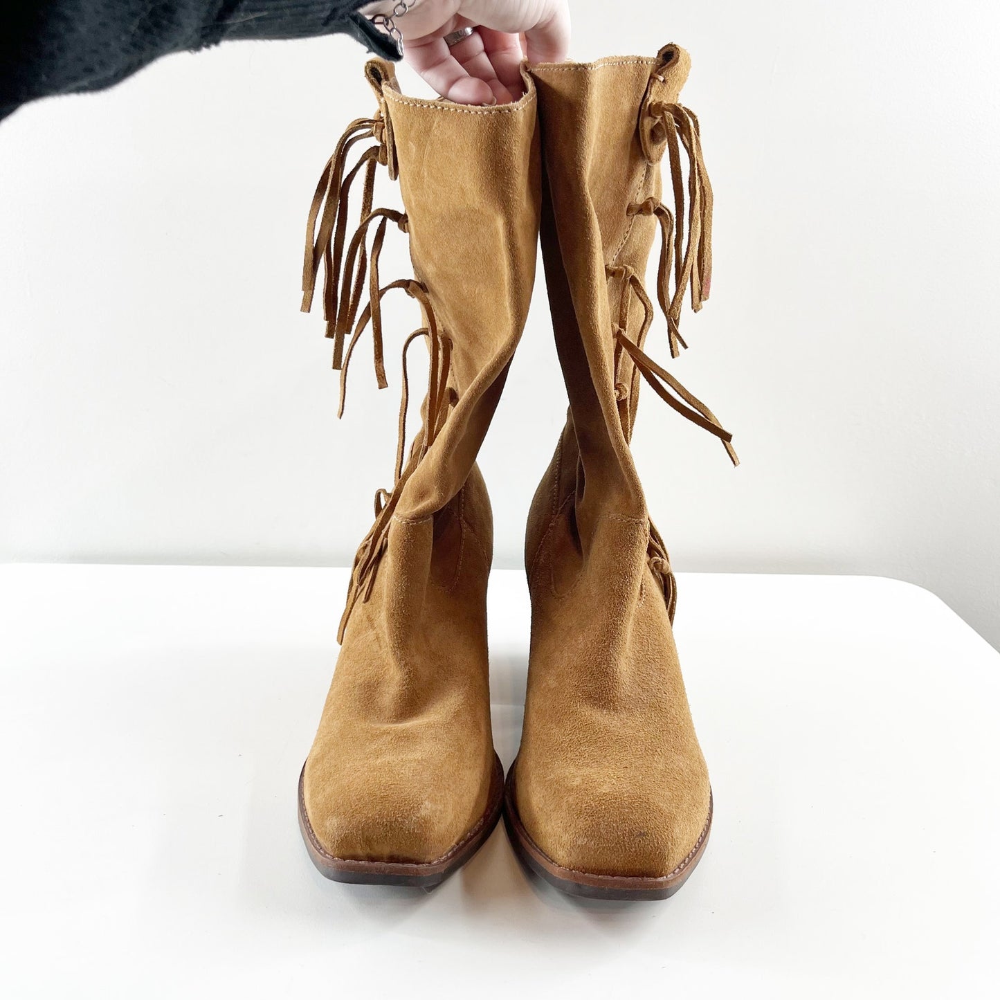 Matisse El Paso Snip Toe Suede Leather Fringe Mid Calf Cowboy Boots Brown 10