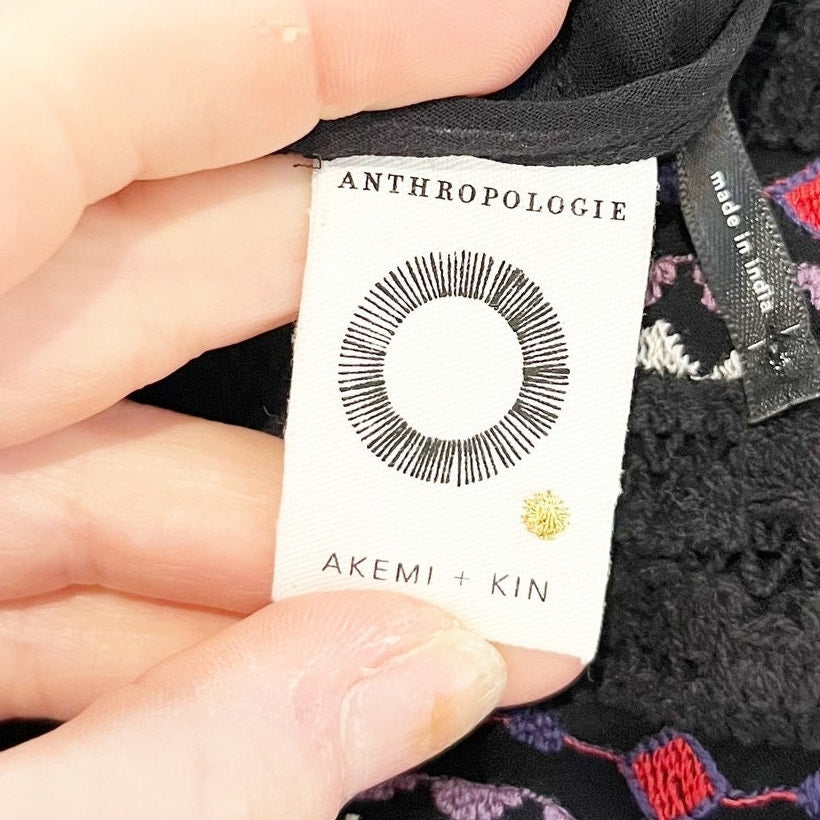 Akemi + Kin Anthropologie Louise Long Sleeve Embroidered Blouse Top Black XS