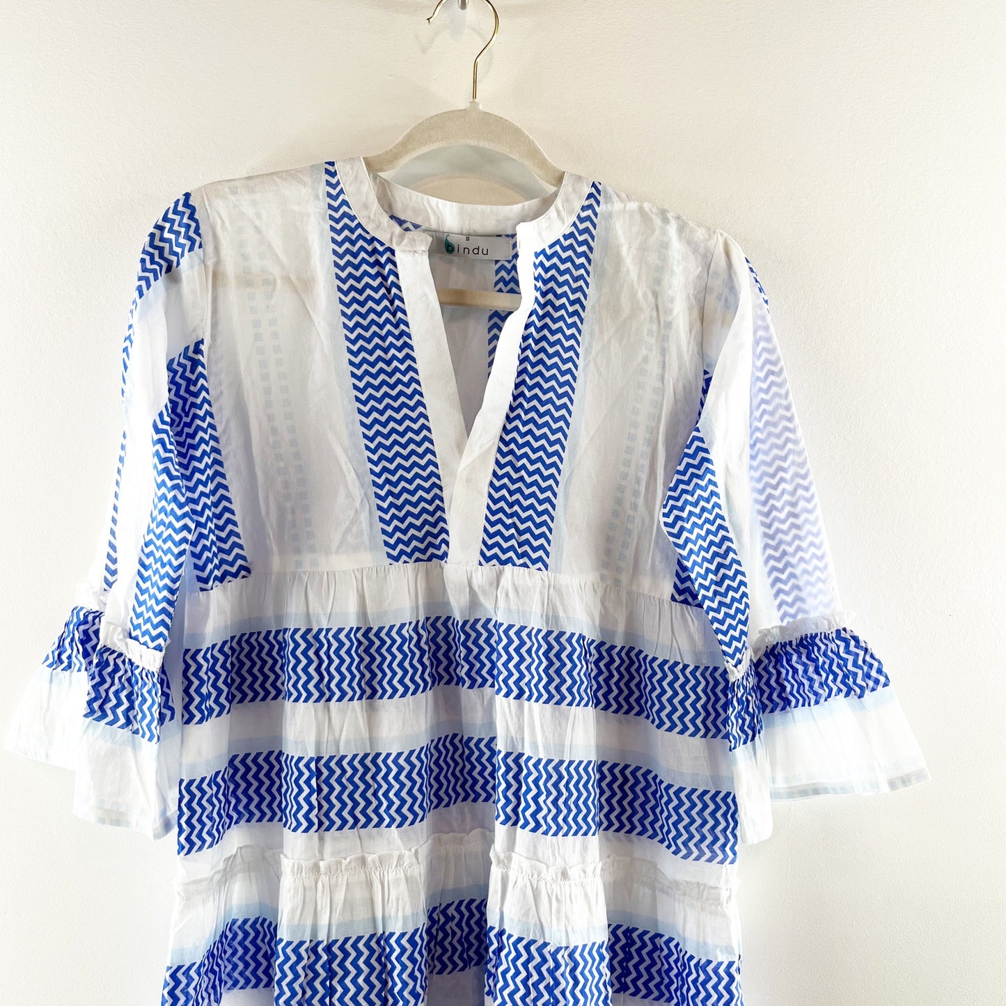 Bindu Elbow Length Sleeve Striped Ruffle Hem Mini Dress White Blue Small