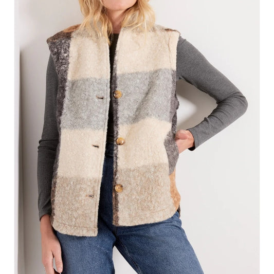 Blank NYC Good Time Faux Fur Plaid Button Up Vest Cream Gray Brown XS