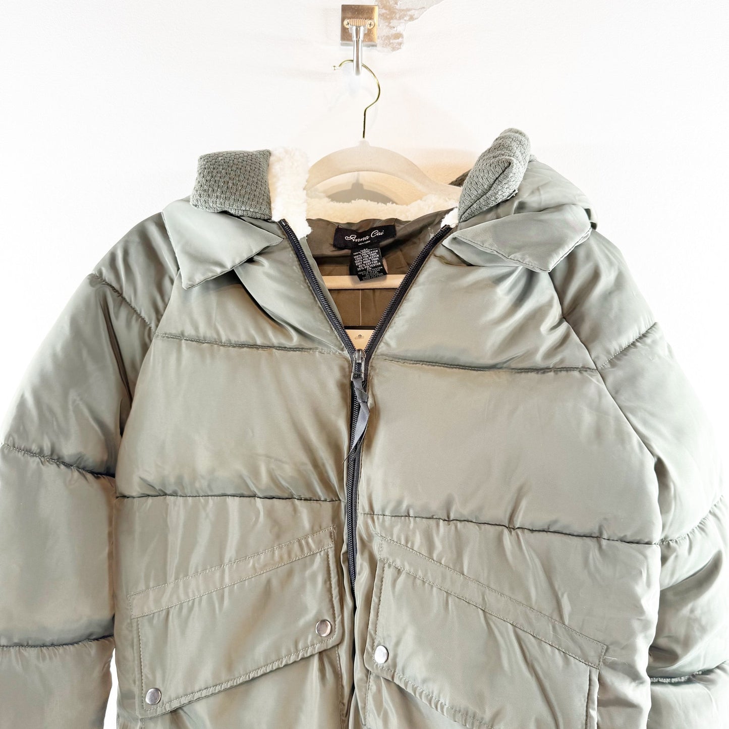 Francesca's Anna Cai Puffer Coat Jacket Olive Green Medium