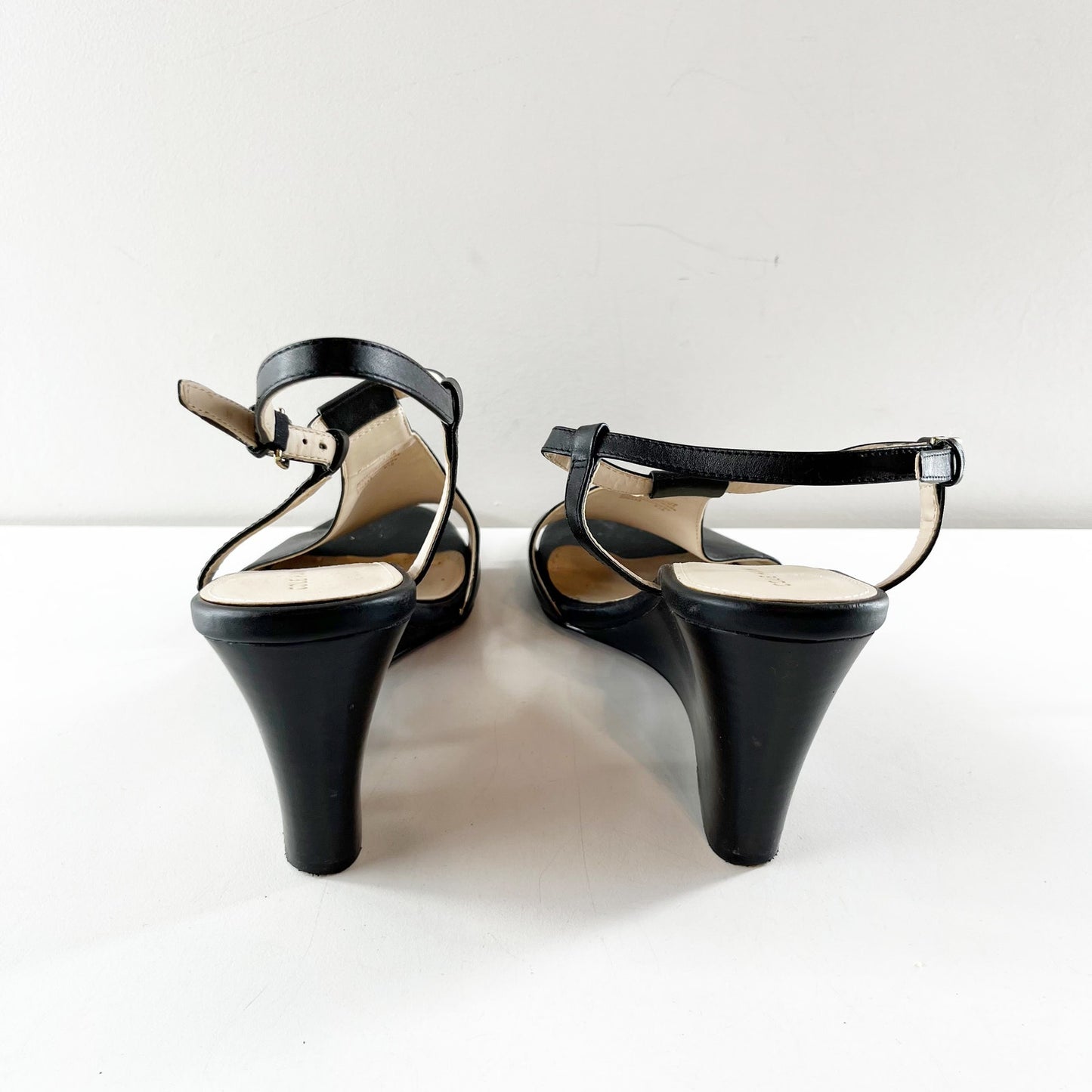 Cole Haan Maddie Open Toe Wedge Leather Shoes Sandals Black 9.5