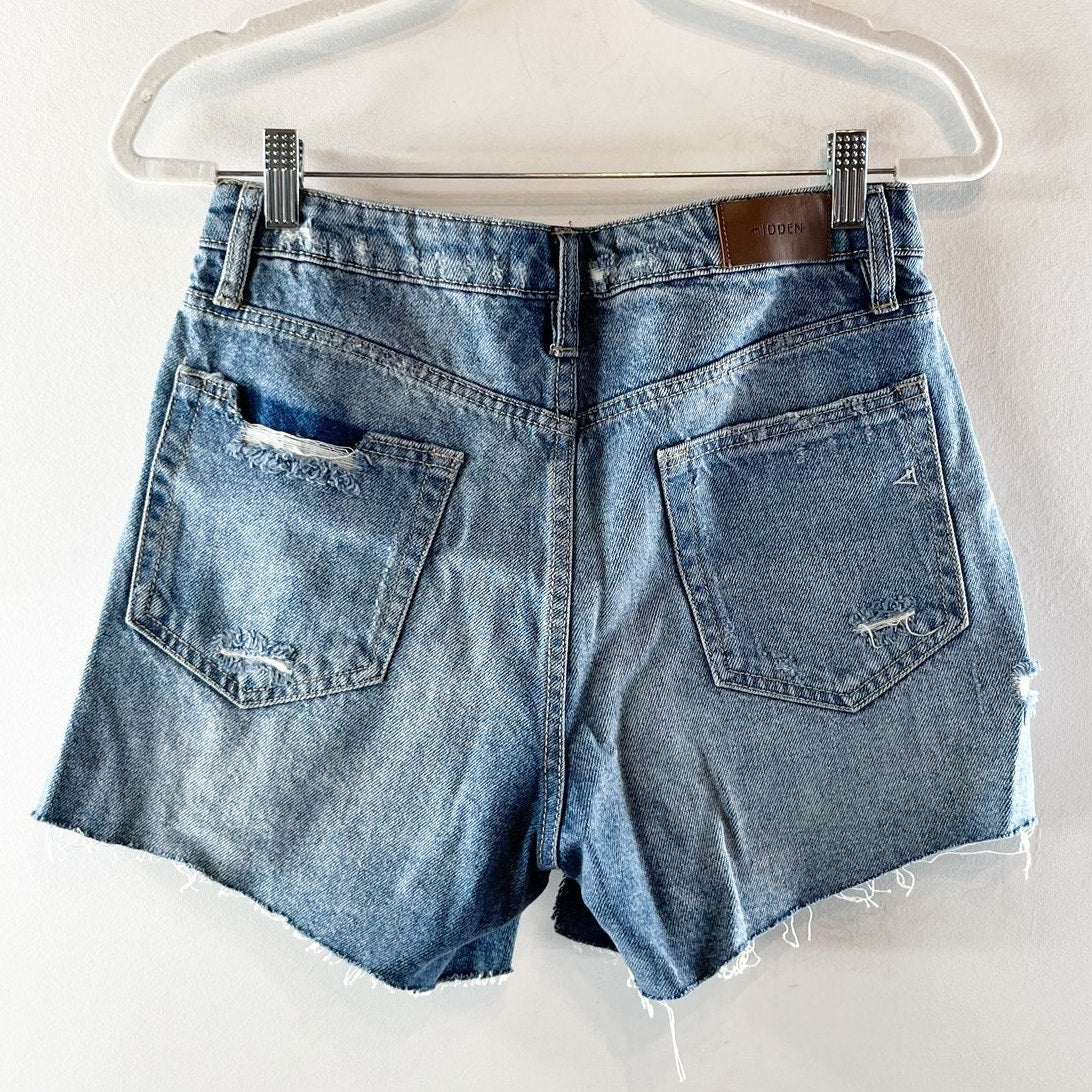 Hidden Cotton High Waisted Hi-Low Hem Distressed Denim Jean Short Blue Medium