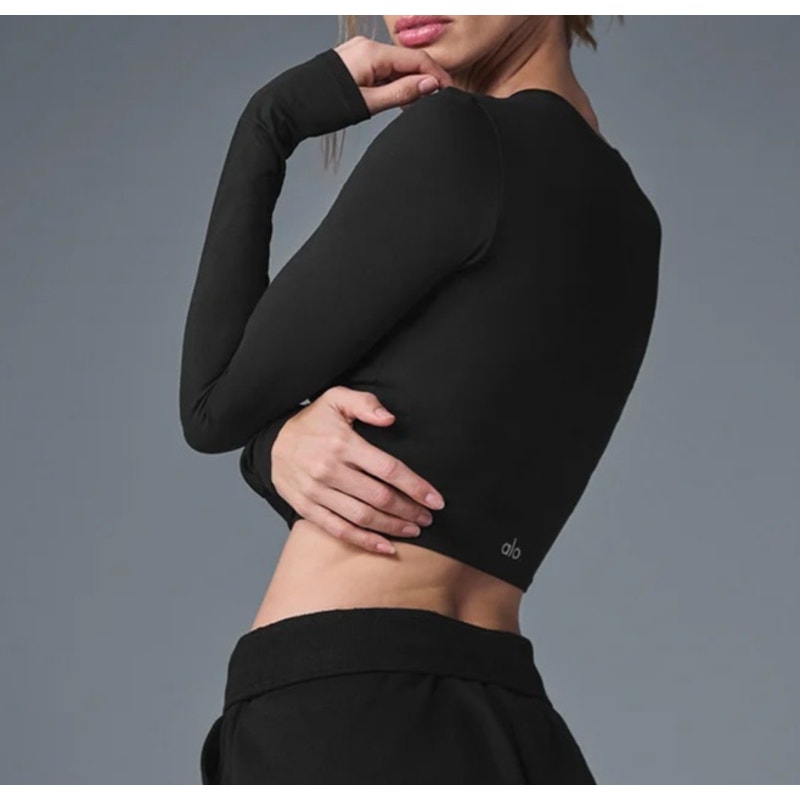 Alo Alosoft Crop Finesse Long Sleeve Fitted T-Shirt Top Black Small