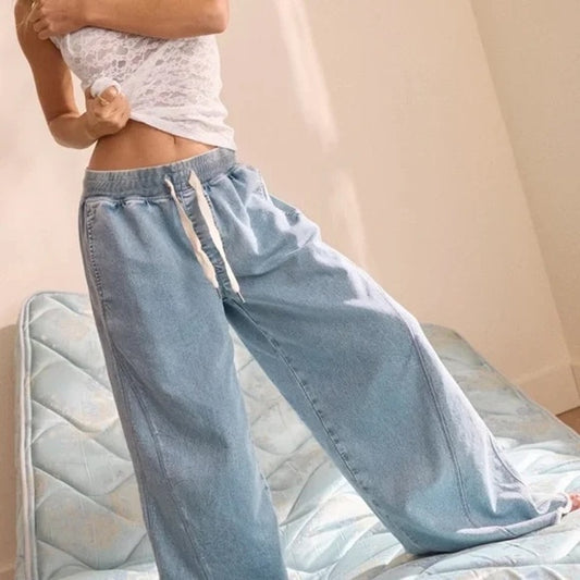 Aerie Soft Landing High Rise Wide Leg Raw Hem Trouser Pants Blue Denim Medium