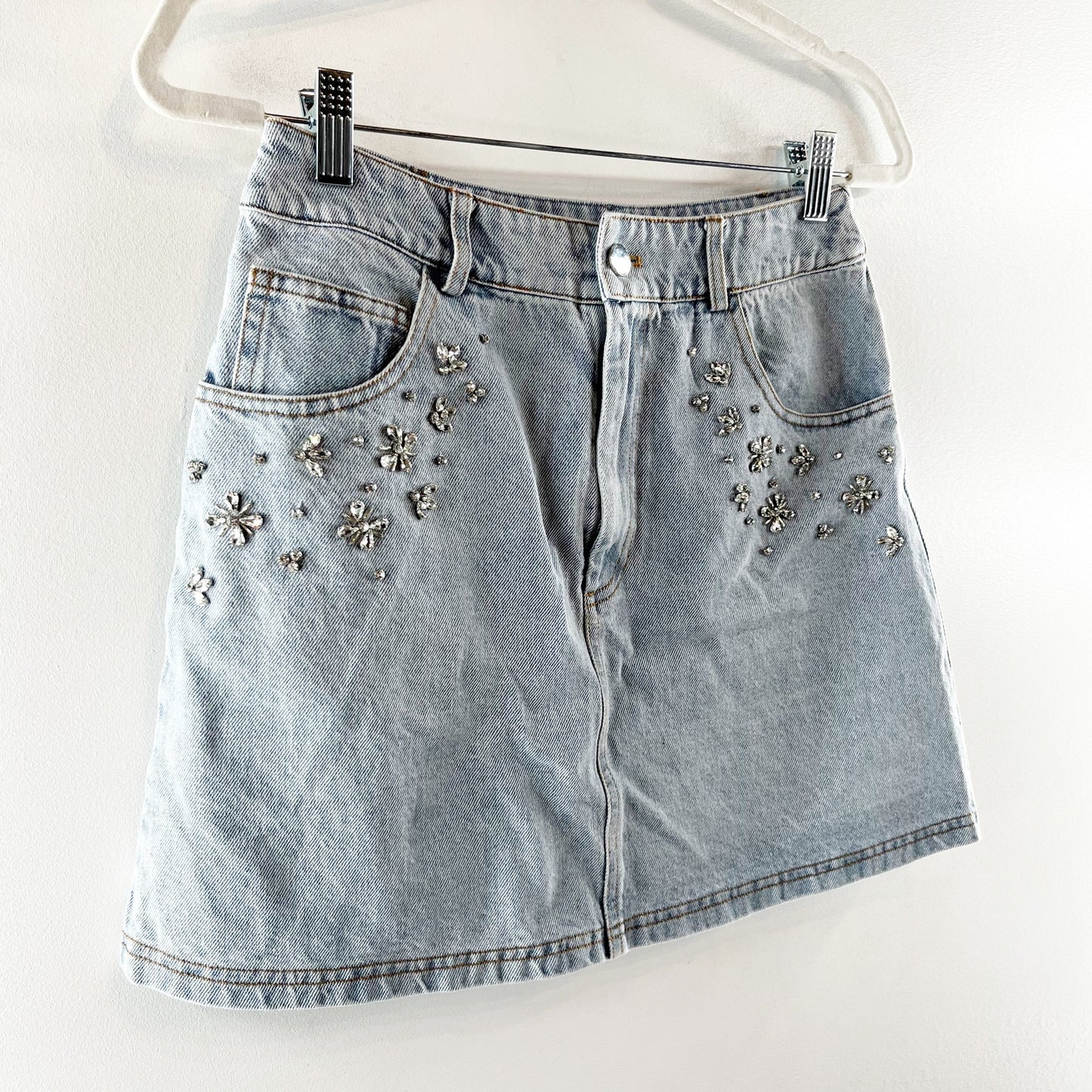 Vici Midnight Muse Rhinestone Studded Denim Mini Skirt Blue Small