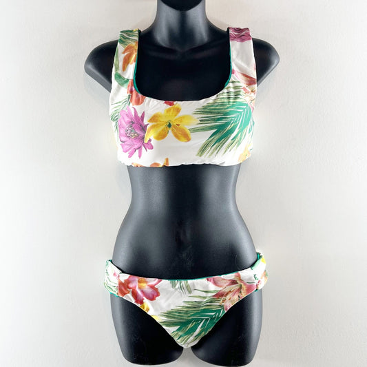 Floral Square Neck Two Piece Bikini Swimsuit White Green Small