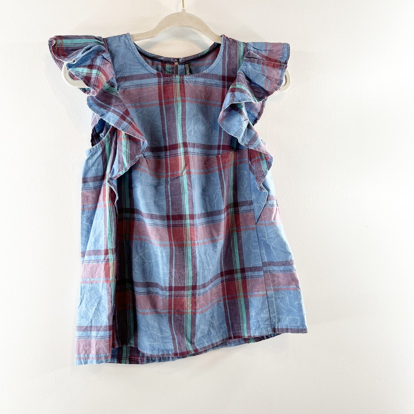 Anthropologie Amarette Plaid Tartan Ruffle Sleeve Top Blouse Blue Red XXS