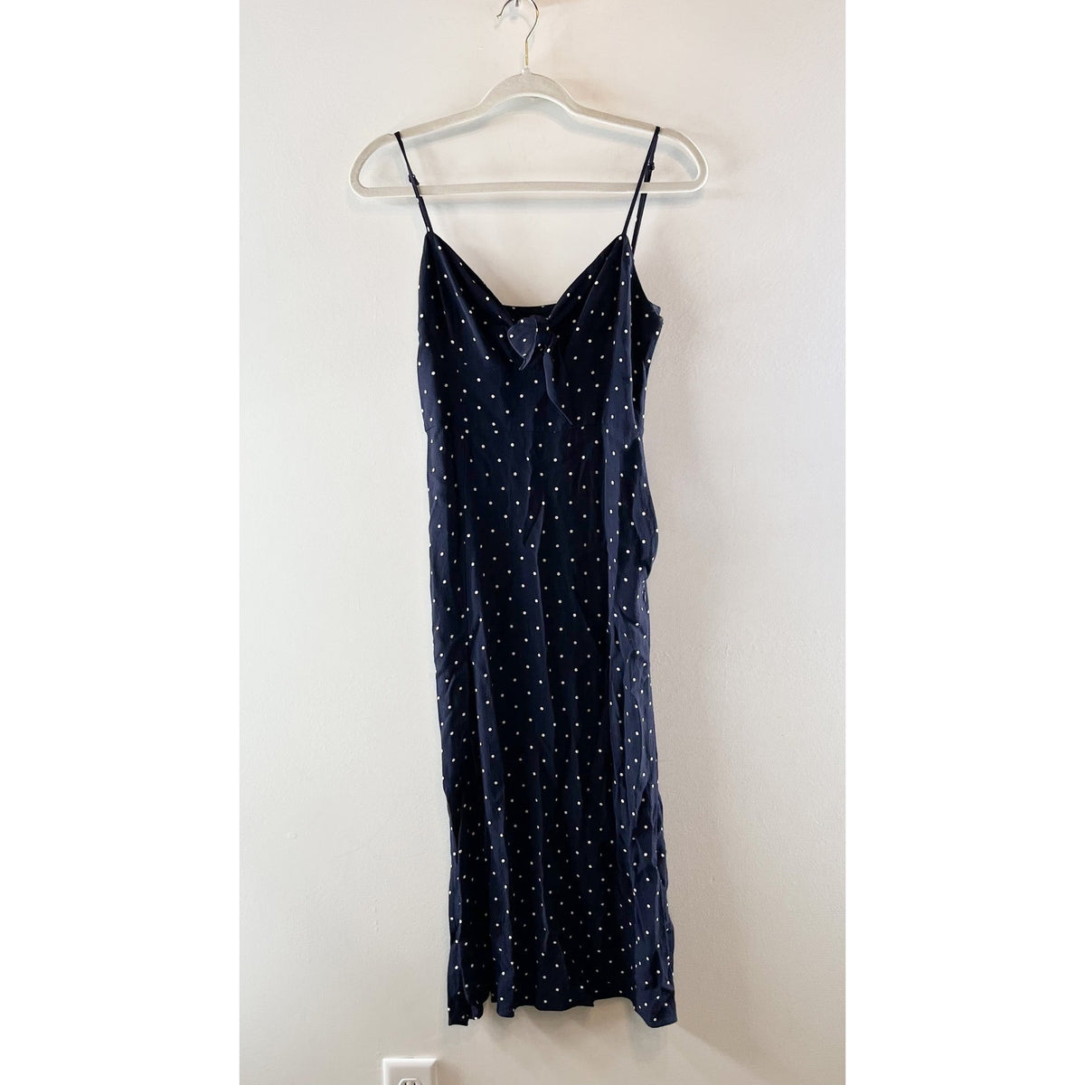 & Other Stories Tie Front Midi Polka Dot Slip Dress Navy Blue 4