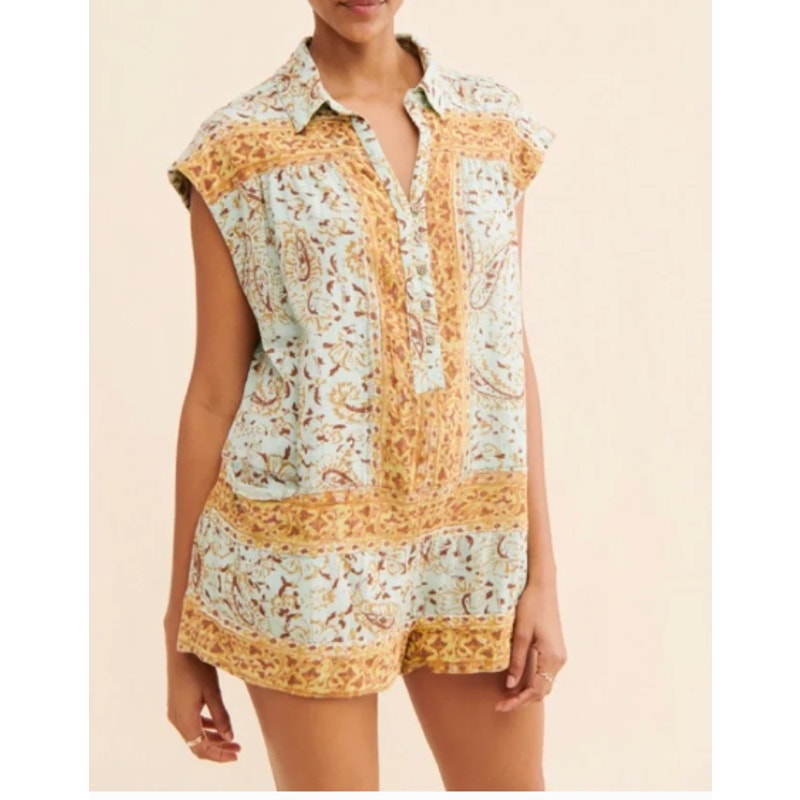 Free People Telly Floral Waistless One Piece Romper Green Yellow Large